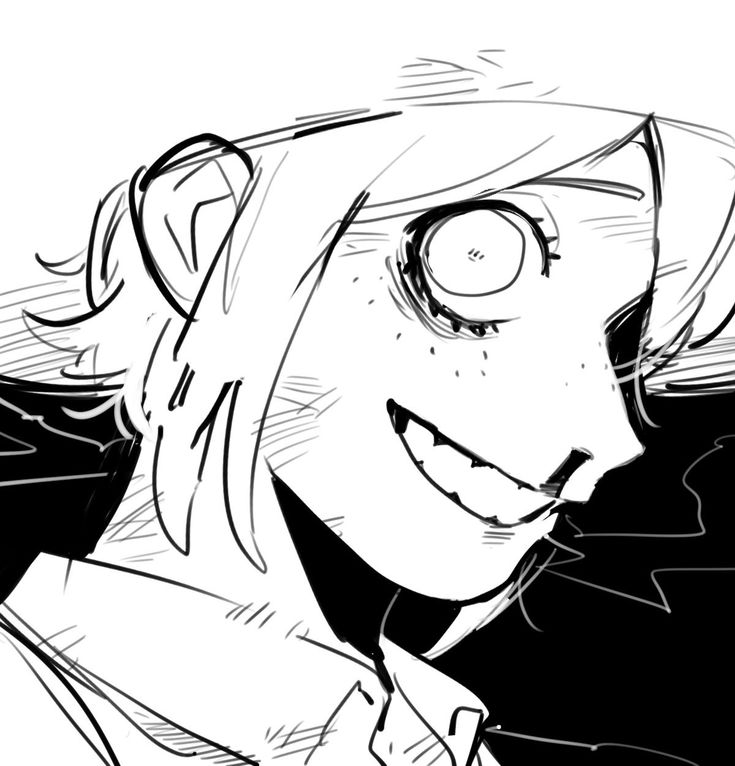 a black and white manga style portrait of a girl with an intense smile and large, white eyes. her hair is long and covers most of her face, but her expression is clear,  she is looking directly at the viewer with a somewhat creepy, almost sinister smile. the image is drawn in a loose, sketchy style.