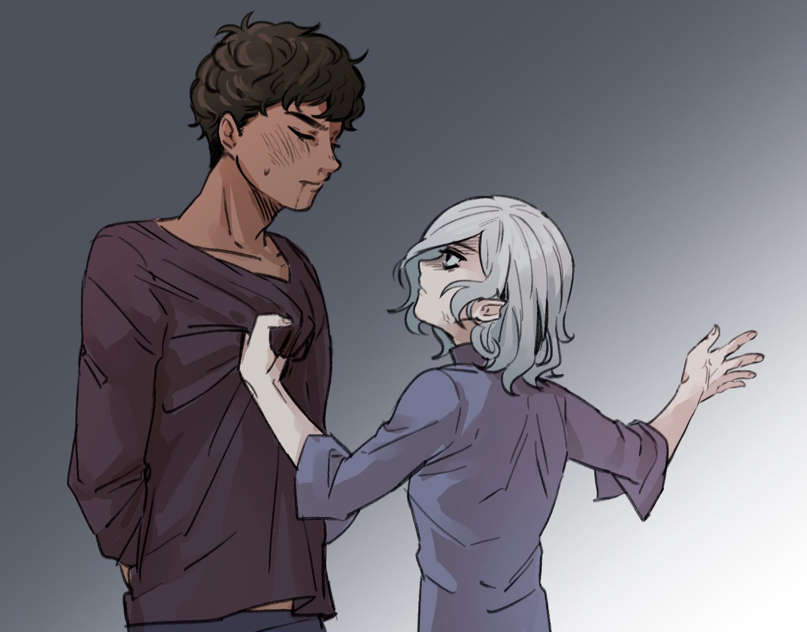 the illustration shows a stylized drawing, likely from an anime or manga source, depicting a tense interaction between a male and female character.  the male character, with short brown hair, has a somewhat pained or resigned expression and is wearing a dark purple longsleeved shirt. the female character, possessing short, light grey or silver hair, appears agitated and is actively pulling at the male's shirt. her expression is a mix of anger and frustration. the overall atmosphere is one of conflict or strained intimacy; it's unclear whether the context is romantic or platonic. the art style is relatively loose, with a focus on conveying emotion and dynamic posing rather than highly detailed rendering.  the background is a muted grey, drawing focus to the characters.