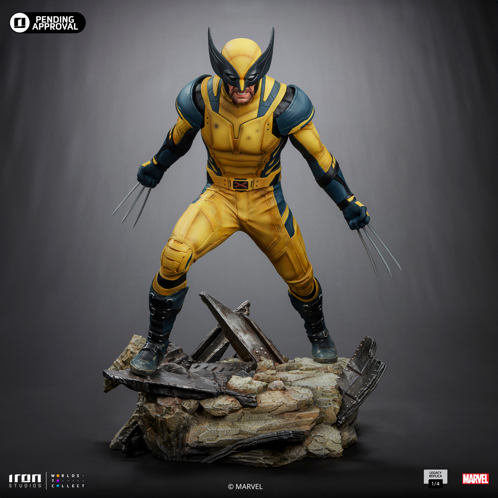 this is an image of a collectible action figure of the marvel comics superhero wolverine. he is standing on a pile of rubble, in a battleready pose. the figure is highly detailed and features wolverine in his classic yellow and blue costume. the image is welllit and taken from a low angle, which makes the figure look more imposing.