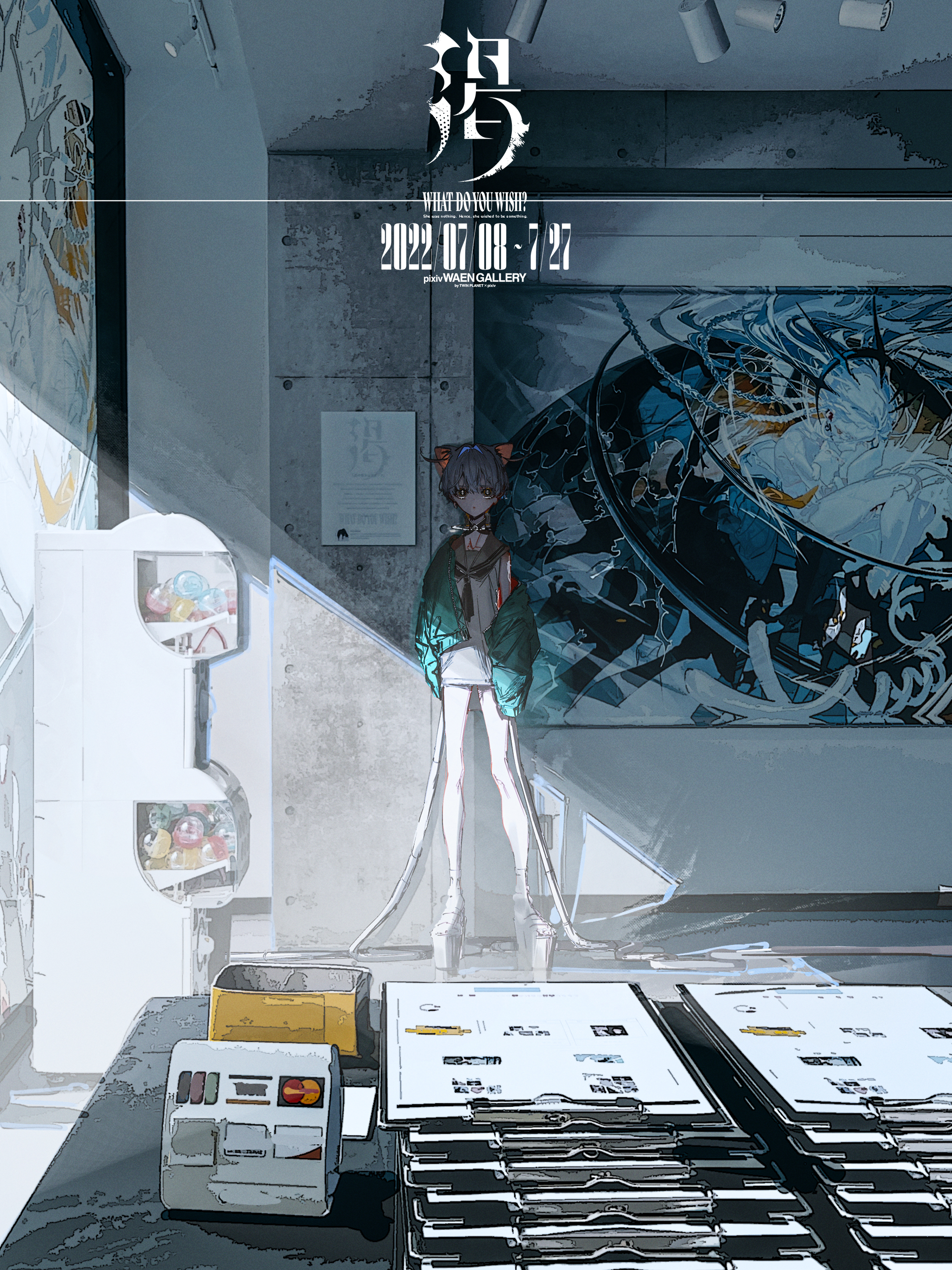 this is a digital art illustration of an anime style girl with cat ears. she is standing in an art gallery, looking at the camera. she is dressed in a white shirt, a green jacket and a short skirt. her hair is tied up in a high ponytail.  she has long, white legs and she is wearing highheeled shoes. the gallery walls are adorned with abstract, futuristic artwork. there is a small desk in the foreground with a cash register and some papers stacked on it. the room is lit up with bright, neon lights, and there are shadows cast on the walls and floor. the overall atmosphere of the image is cool, futuristic and chic.