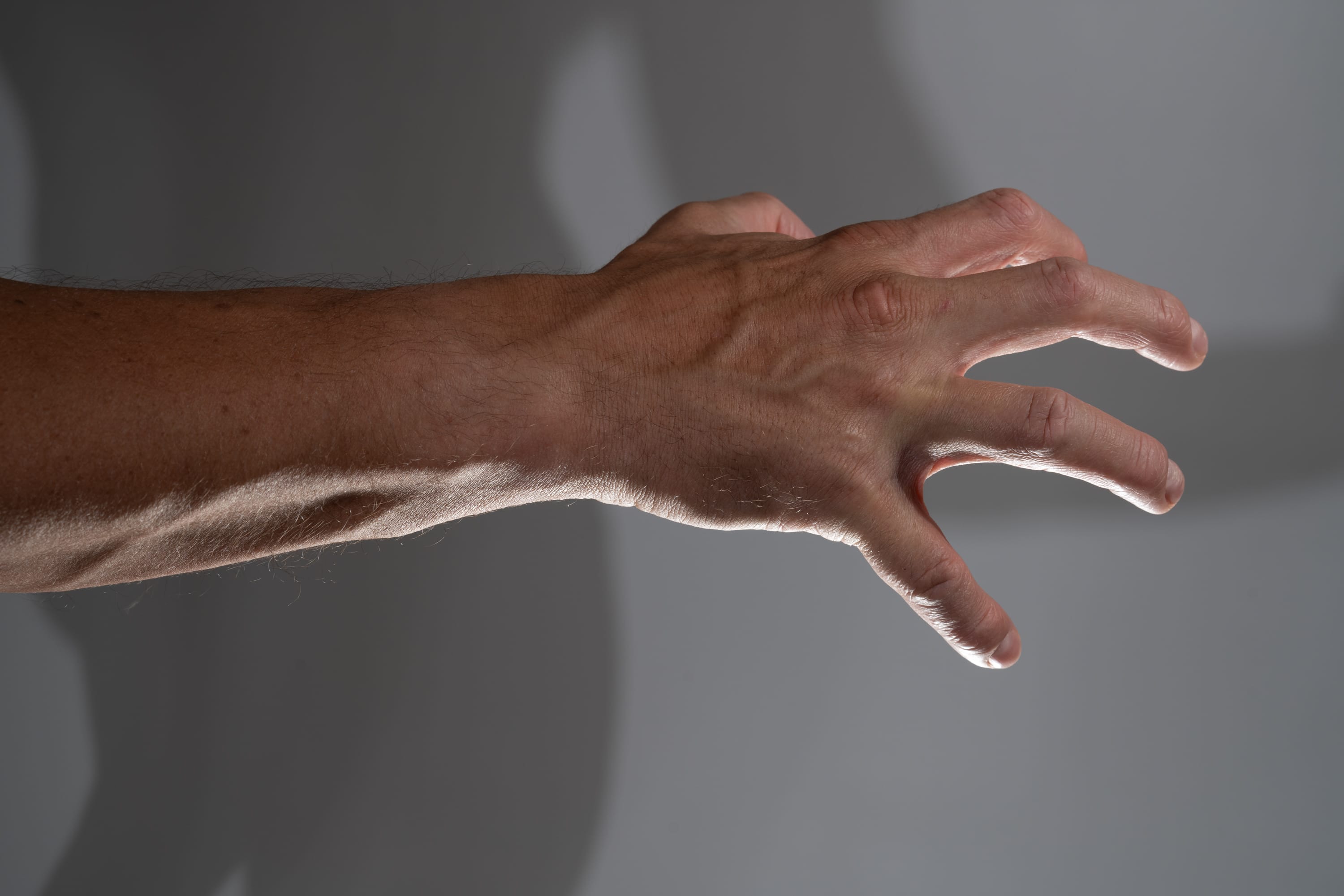 a closeup side view of a man's arm and hand extended against a grey background, illuminated by studio lighting that casts a distinct shadow. the image highlights the details of the hand's structure, skin texture, and prominent veins.