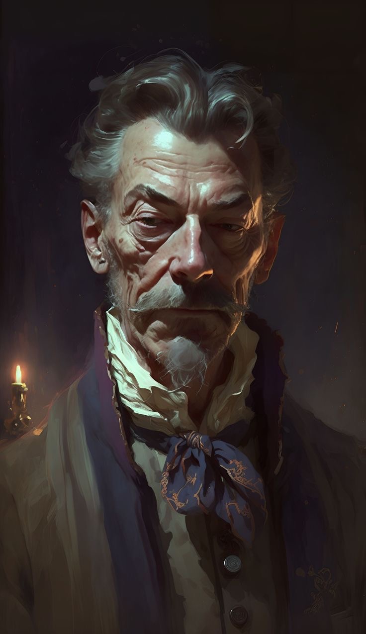 a portrait of an elderly man with white hair and a serious expression. he has deep wrinkles around his eyes and a thick mustache and beard. he is wearing a dark jacket and a scarf tied around his neck. a candle is visible in the background. the lighting is dim and creates dramatic shadows. the man appears to be from a historical period. the art style is digital and painterly.