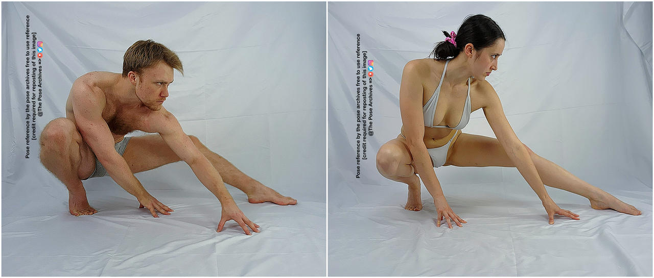 two individuals, a man and a woman, are positioned in a low crouch against a white backdrop. the man, on the left, is barechested and wears gray athletic shorts. his gaze is directed intensely to the left, while his body is angled slightly towards the viewer.  his hands are splayed out in front of him, suggesting a readiness to spring into action.  the woman, on the right, wears a white bikini and has her hair tied back. she looks intently to the right, her body echoing the man's pose with a low center of gravity and an outstretched arm.  her expression is one of focus and determination.  the clean white background emphasizes their poses and the contrast between their physiques.