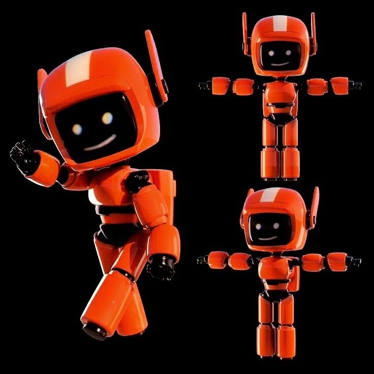 the image is a 3d model of a cute orange robot. it has large eyes and a friendly smile. the robot is posed in different ways, standing, walking, and with its arms out to the side. the image is animated and features a bright, bold color scheme. it looks like a character from a cartoon or animated film.  the background of the image is black, which helps to highlight the robot.