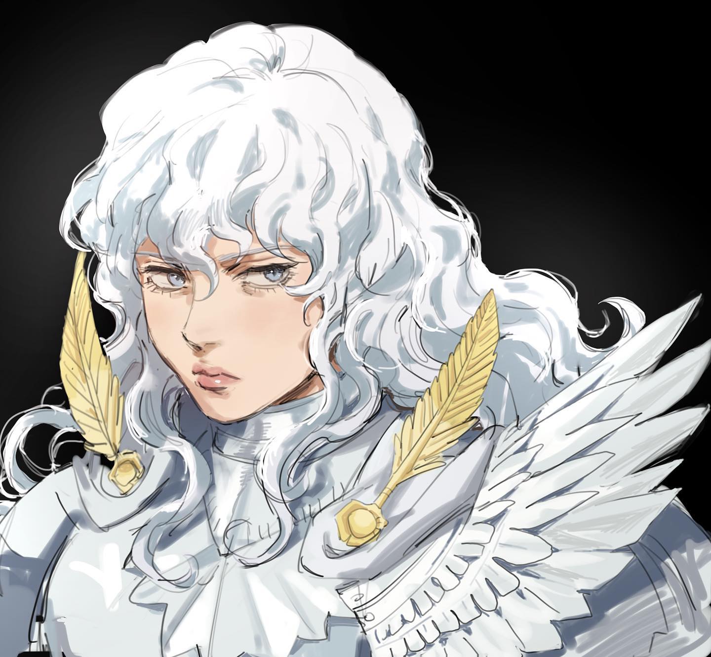this is a closeup portrait of guts, a popular manga character from the series berserk. he has white hair and is wearing white armor with large, feathery wings. guts has a serious expression on his face. the dramatic lighting and closeup perspective enhance the intensity of his gaze.