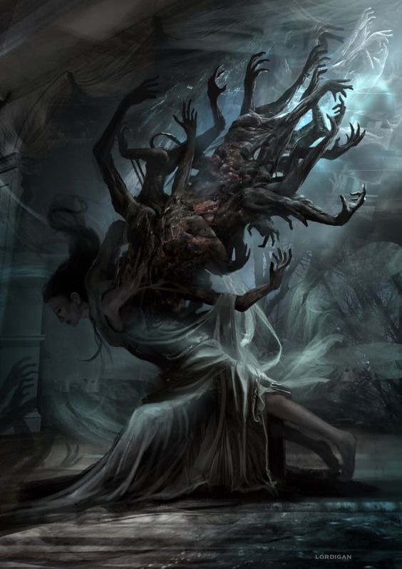 this dark and disturbing image depicts a woman trapped within the tentacles of a monstrous creature.  the creature has many dark, shadowy hands that grasp and hold the woman.  the woman looks horrified and is trying to escape.  the creature is so large that it fills the entire frame.  the image is filled with a sense of dread and foreboding.