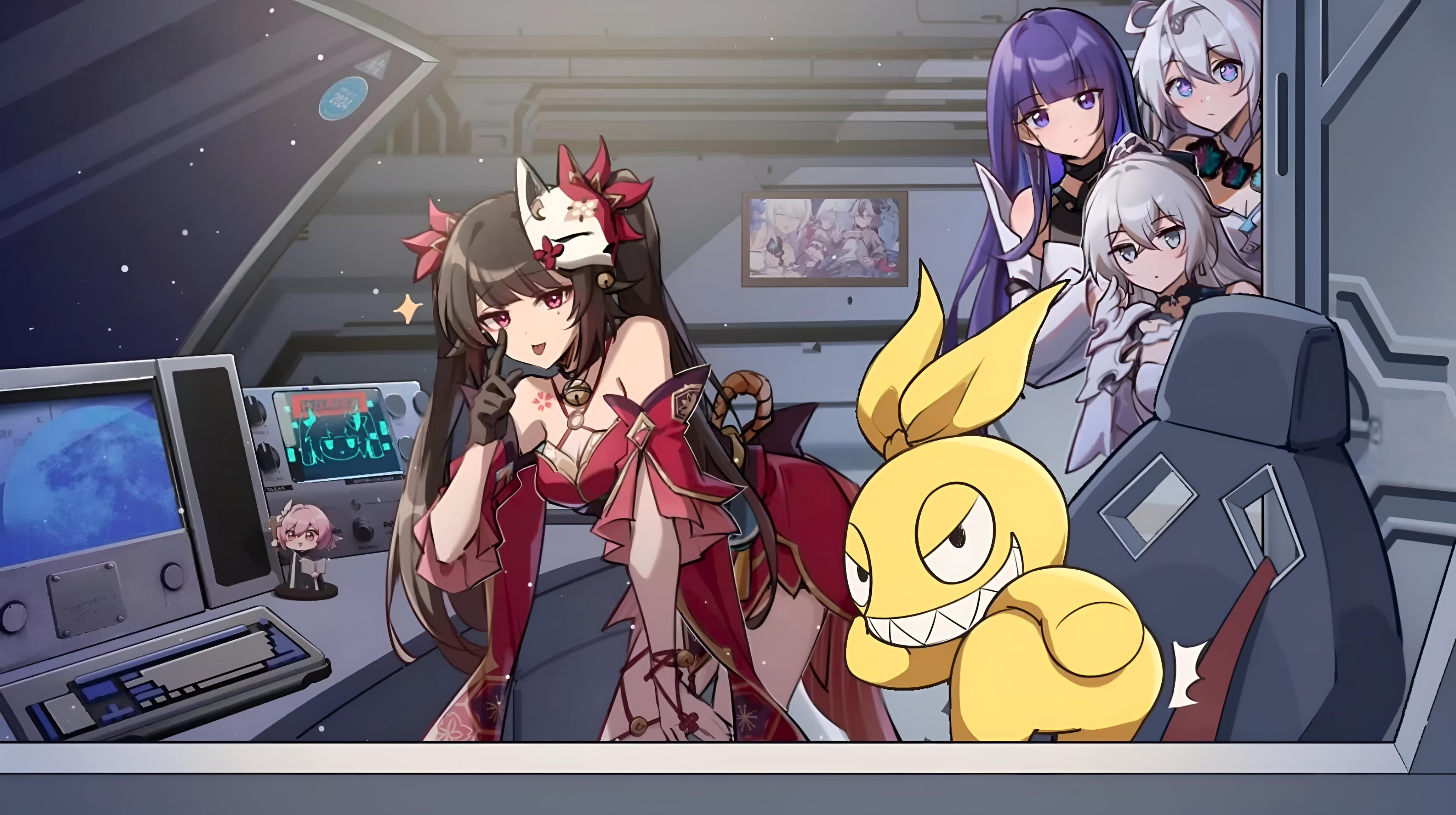 an animestyle illustration of a group of female characters.  the characters are in a futuristic space setting, with one female character wearing a red dress and a fox mask, standing in front of a computer console.  another female character is sitting in a chair, and another female character is standing behind the chair.  there is a small yellow creature with a big grin in the foreground of the image.  all of the characters are smiling and appear to be happy and excited.