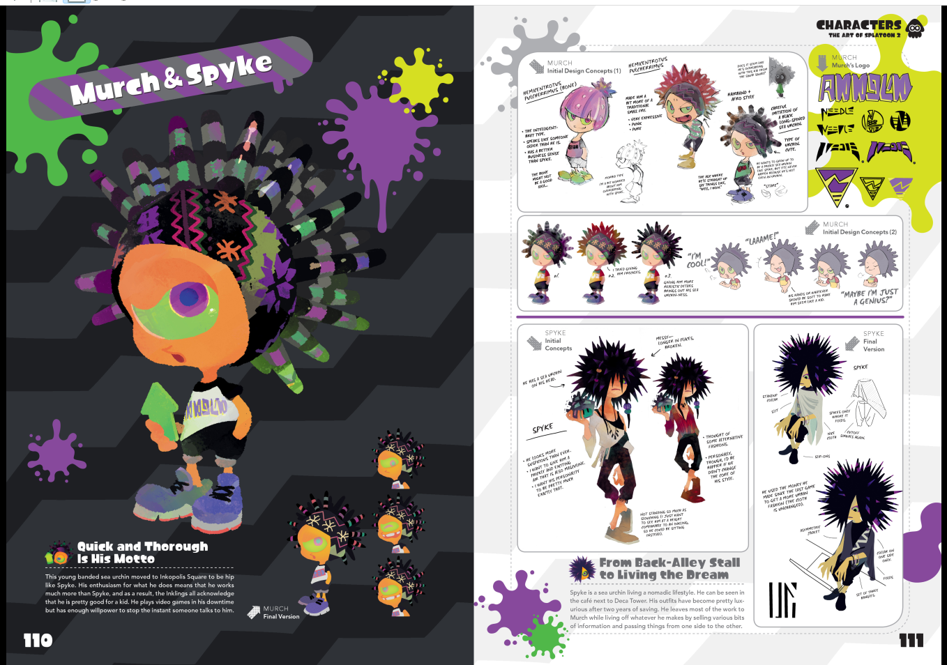 this image showcases the character design sheet for murch and spyke from the video game splatoon 3. it includes various concept sketches, showcasing different design iterations, poses, and expressions, providing a behindthescenes look at the development process.