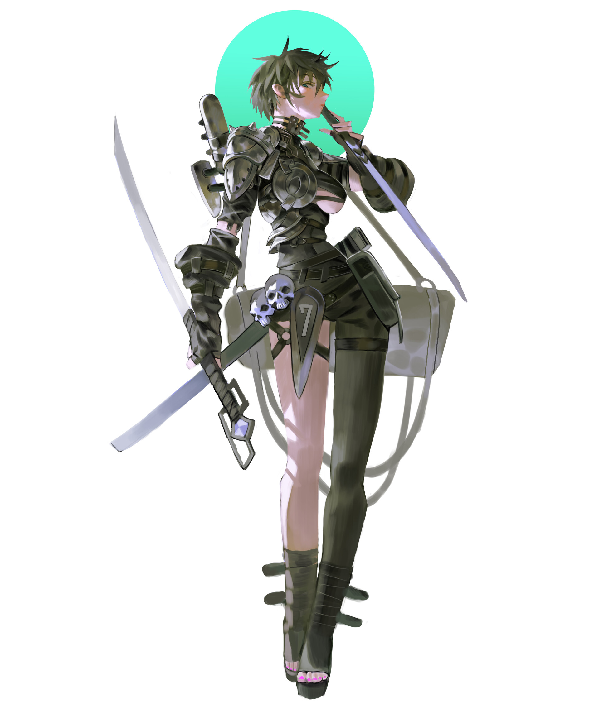 a stylized anime girl with dark skin and short, dark hair, is depicted standing in full view against a white background with a teal circle directly behind her head. she is dressed in black armor, consisting of a breastplate, shoulder pads, and arm gauntlets. her attire includes a short skirt or tunic with the number "7" on it, accompanied by skull decorations. she wears thighhigh socks on one leg and highheeled sandals with straps. she wields a large sword in her hand, and another sword is strapped to her back. behind her, a large, lightcolored bag is suspended. she has a serious expression on her face and is holding something in her mouth, possibly a lollipop or other object. the overall aesthetic combines elements of fantasy and futuristic design.