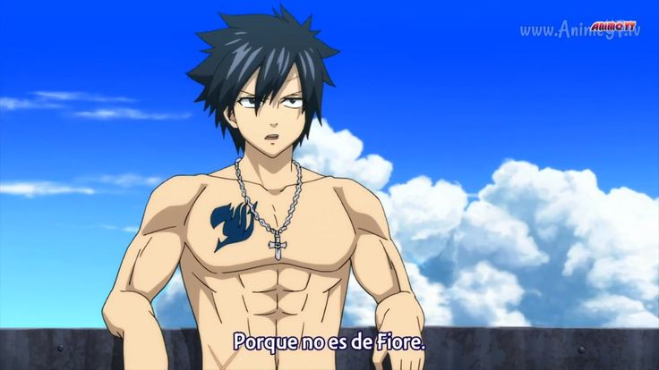 the image features a shirtless anime character with gray hair and blue eyes. he has a muscular build and a tattoo of a stylized "f" on his chest, along with a silver necklace with a cross pendant. the character is looking to the right, his expression serious. he is standing in front of a blue sky with white clouds. the text "porque no es de fiore" appears in the bottom center of the image.