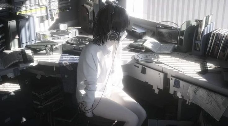 the image is a digital illustration or artwork in a monochrome (primarily black and white) style depicting an anime girl sitting at a cluttered desk.  she's wearing large headphones and a loose white shirt, and seems to be peacefully listening to music.  the desk is filled with various pieces of vintage technology, including a record player, a reeltoreel tape recorder, and a vintage radio.  sunlight streams through a window, creating shadows across the desk and the room, contributing to the overall nostalgic and serene atmosphere. the scene is detailed and suggestive of a creative workspace or a personal sanctuary.