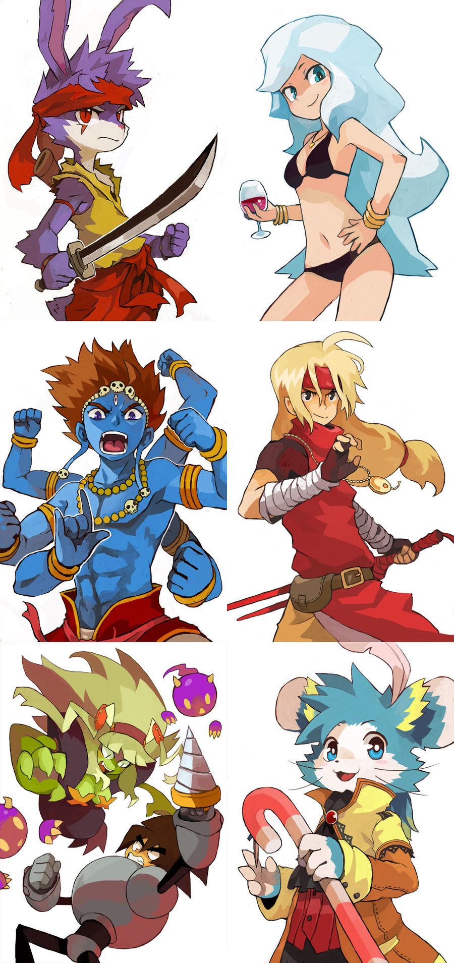 the image contains six anime or manga characters. top left is a  purple bunny character holding a sword,  top right is a girl with long white hair wearing a bikini,  bottom left is a  blue character with four arms, bottom right is a mouse character in a yellow coat holding a candy cane,  middle left  is a green character holding a drill, and middle right is a boy with long blonde hair wearing a red and white costume.  the characters appear to be from different video games or animes, although they are all drawn in the same style. the backgrounds are white and the characters are isolated.