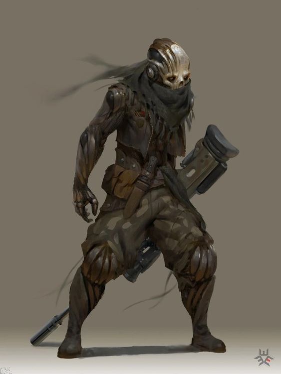 a digital illustration of a futuristic soldier stands against a neutral background, wielding a large sniper rifle. the soldier wears rugged, patched clothing and their head is concealed by a skulllike mask and a wrapped scarf.  the overall aesthetic suggests a gritty, postapocalyptic setting.