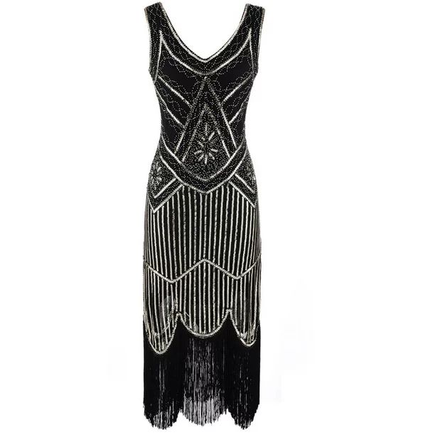 the image shows a black flapper dress adorned with silver sequins and beads. the dress features a vneckline, sleeveless design, and a fringed hemline.  the beading forms geometric art decoinspired patterns on the bodice and skirt. the style is reminiscent of the 1920s. the dress is shown on a white background.