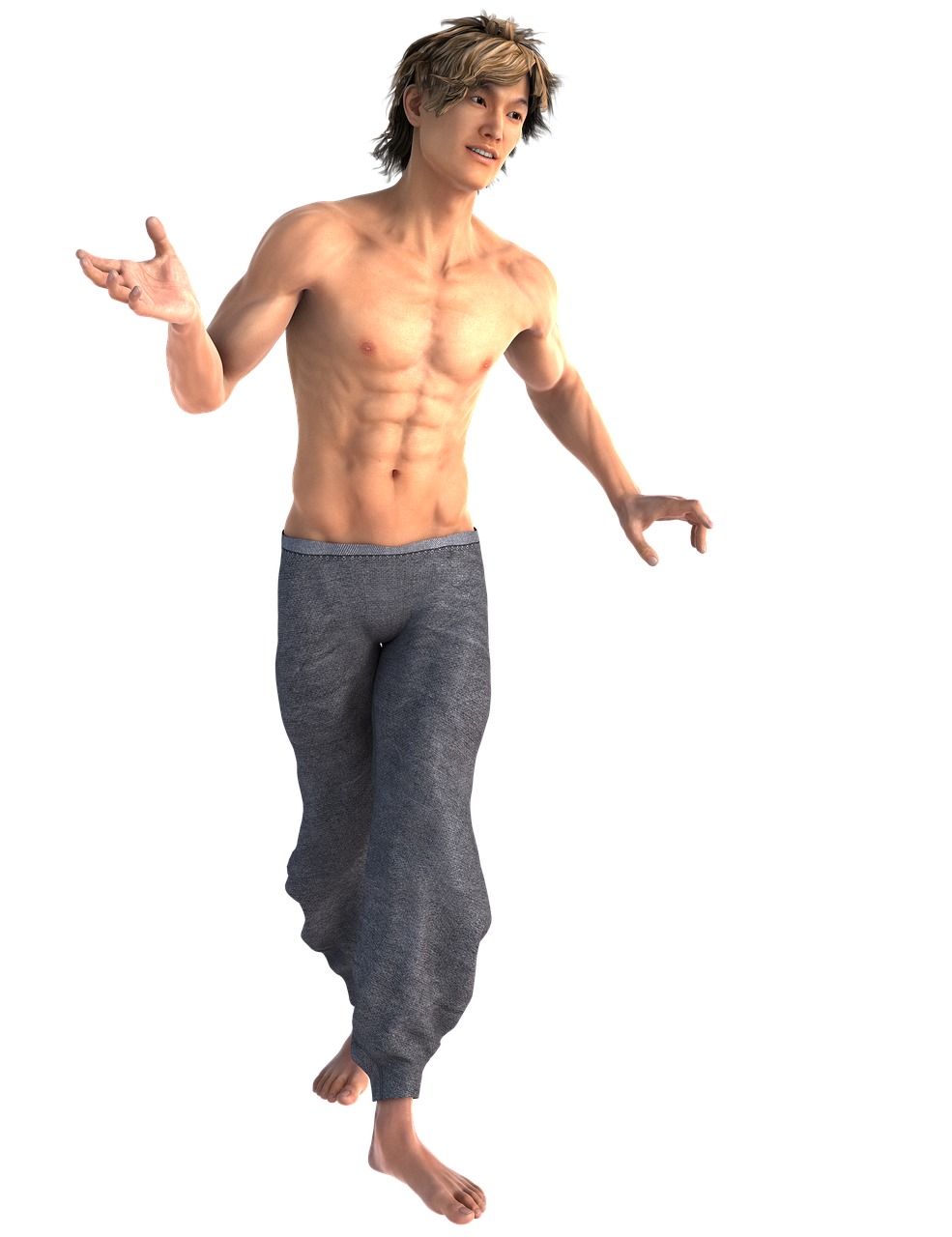 a digital art image of a muscular, shirtless asian man wearing loose gray pants and standing barefoot. he has a slight smile and his hands are outstretched. the background is black.
