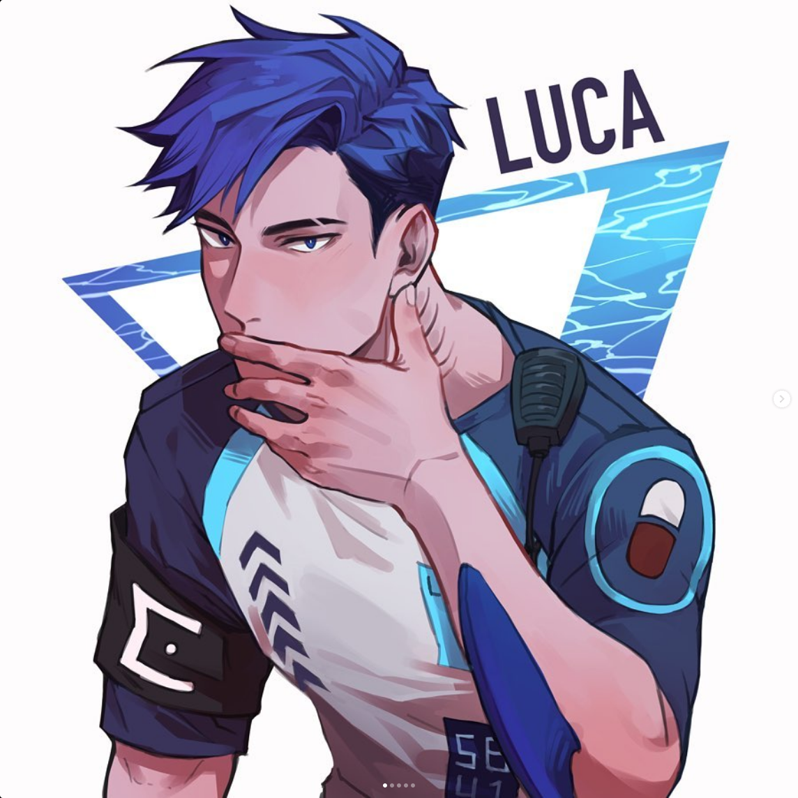 the image is a digital illustration of a young man with vibrant blue hair and striking blue eyes. he wears a futuristic athletic outfit in white, black, and blue with geometric patterns. a futuristic earpiece rests on his ear, and a small white object resembling a pill is visible on his outfit.  he covers his mouth with his hand, contributing to a sense of intrigue. the background is a simple white with a stylized blue triangle representing water.