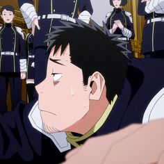the image showcases a closeup of a male character, seemingly a soldier, in distress. he is sweating profusely and appears deeply troubled. his uniform, similar to those worn by the figures standing behind him, suggests a military context. the setting appears to be an indoor environment, evidenced by the faint background hinting at a wall and what might be a doorway. the overall color palette is muted and dark, further amplifying the character's anxiety and the scene's serious mood. the lowangle perspective adds to the sense of his vulnerability and powerlessness in the situation.
