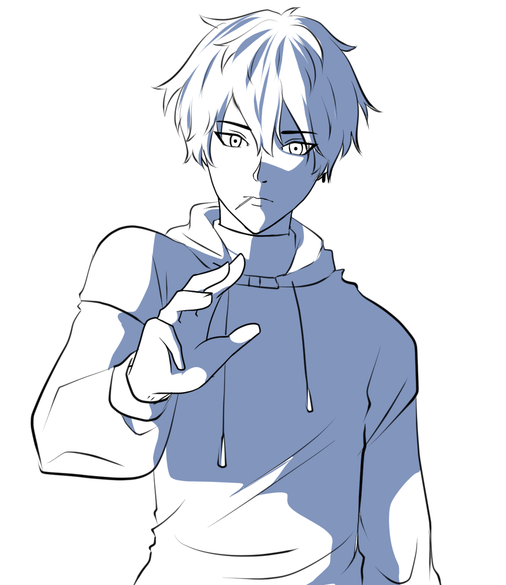 the image features a line art drawing of a young man in an anime/manga style. he is wearing a hoodie and making a hand gesture, possibly a finger snap or pointing. the drawing uses stark shadows, creating a dramatic effect and a clear light source from the side, with half of his face in shadow. the color palette is cooltoned, primarily whites and shades of light blue. he has a neutral or slightly serious expression.