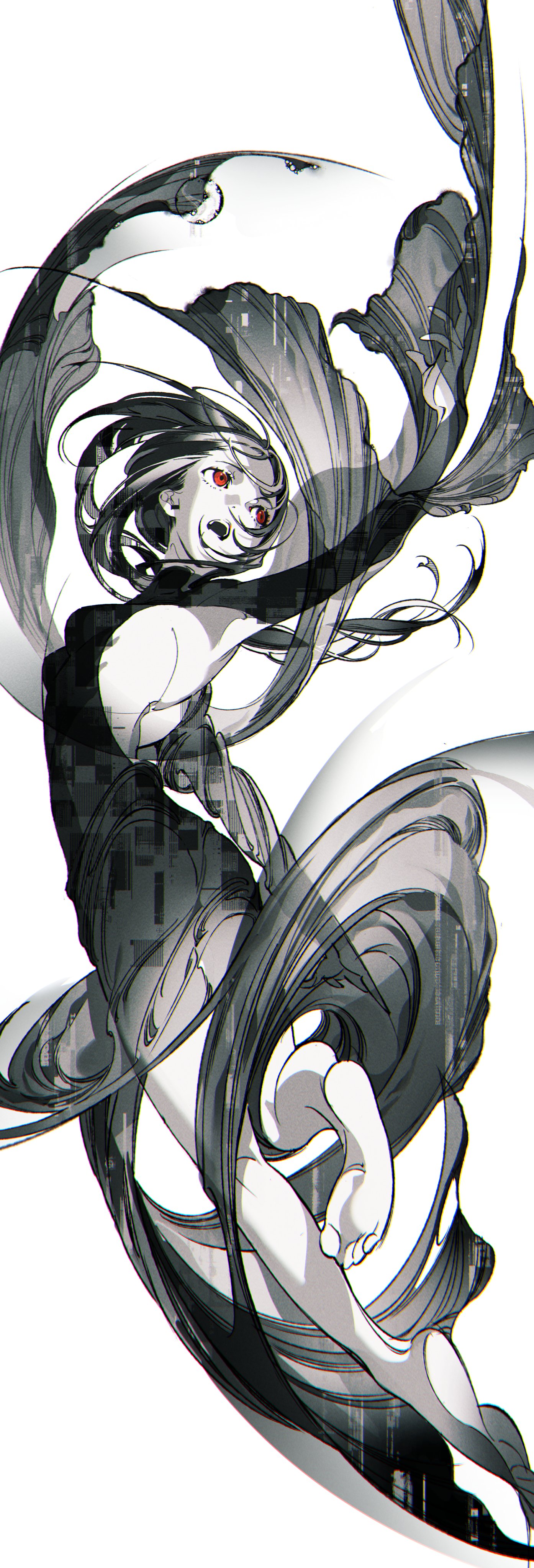 a black and white illustration of a woman with long, flowing black hair. she has red eyes and is wearing a flowing black dress that appears to be made of swirling fabric. the woman is positioned in a dynamic pose, with her arms outstretched and her legs crossed. the overall impression is of a mysterious and powerful figure, with a hint of ethereal beauty.