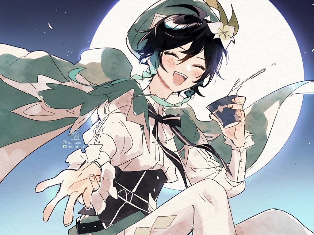 an anime illustration of a young male character smiling brightly while holding a cup. he is dressed in a green and white outfit with a black bow and a green hat with a white flower. the character appears to be floating in the air with a full moon and stars in the background. the artwork is digital and drawn in a style that is both cute and adorable.