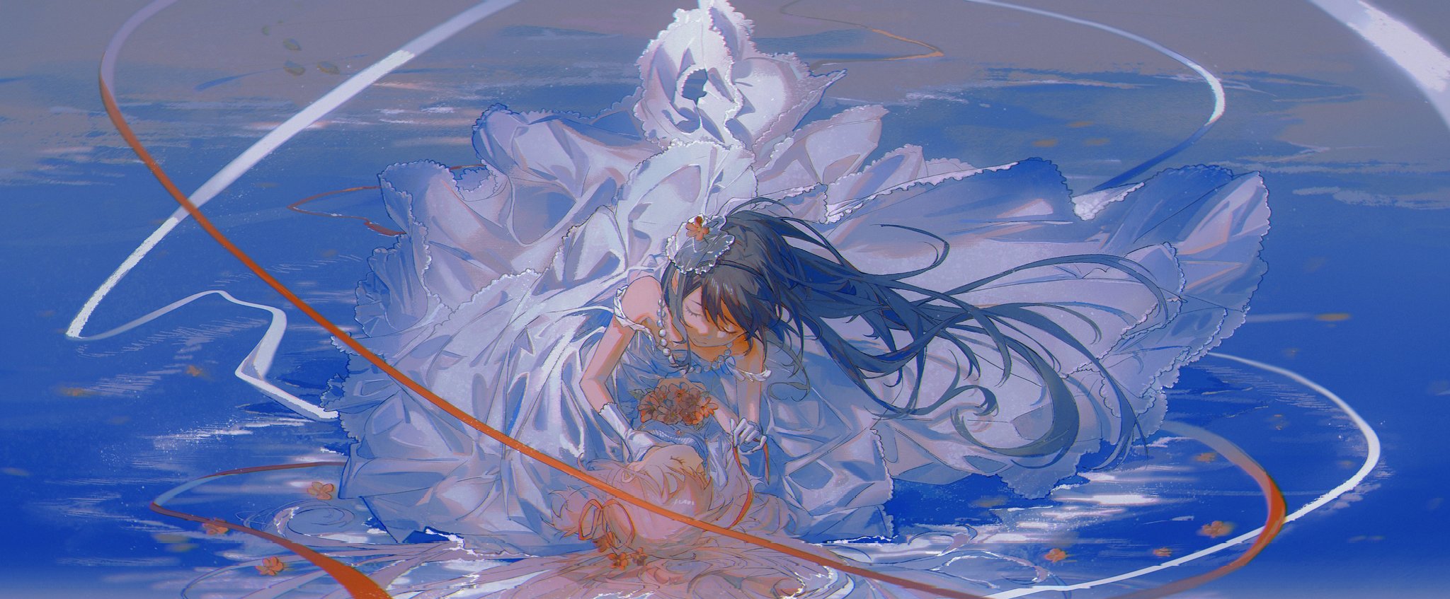 the image depicts a young anime girl with long black hair in a flowing white dress, her back is turned to the viewer as she bends over and looks at the sky.  the sky is a soft blue with white clouds, the ocean is a deep blue and the entire scene has a magical and ethereal feel to it. the girl is surrounded by soft light, giving the image a surreal and dreamlike quality. the girl is holding a bouquet of flowers, which symbolizes love, beauty, and hope. the overall tone of the image is one of romance, beauty, and hope. the image suggests that the girl is dreaming or lost in thought, perhaps thinking about love, loss, or the future.