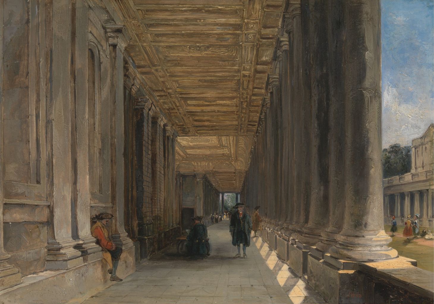 this is a painting of a long colonnade with tall columns. people are depicted walking and standing along the walkway. the perspective draws the viewer into the scene. shadows play across the ground, and the ceiling has a detailed design. beyond the colonnade on the right, there is another building and more people in an open area. the overall impression is of classical architecture and a bustling outdoor scene.