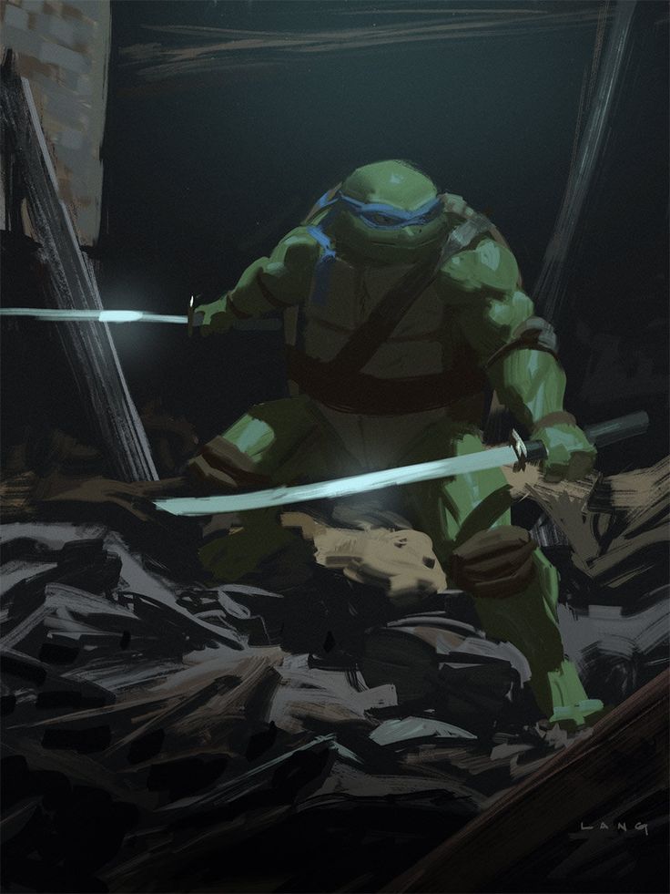 a digital illustration of leonardo, one of the teenage mutant ninja turtles, in a battle stance, wielding a katana. he's surrounded by dark shadows, giving the impression of a shadowy sewer environment. the art is dynamic and captures the ninja's swiftness and power.