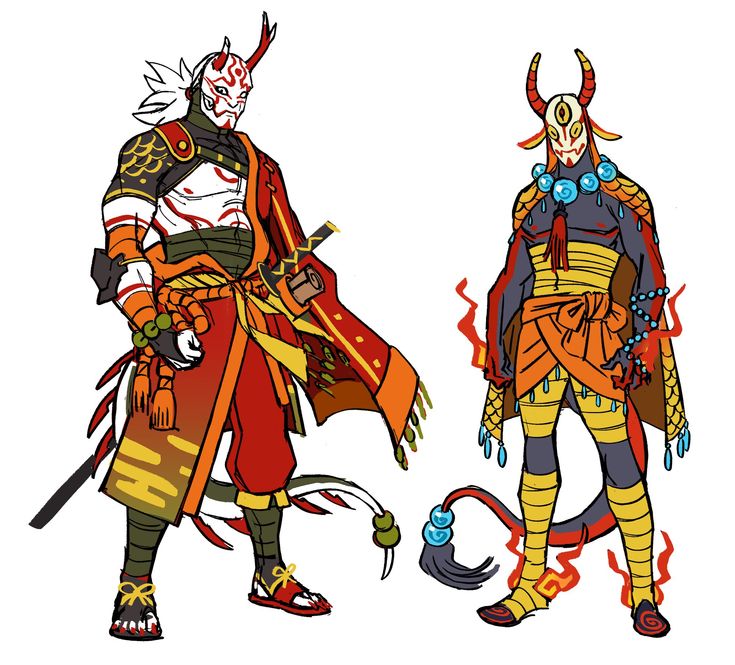 the illustration shows two characters standing with their backs to each other. on the left is a man wearing a red and gold samurai outfit. he has white hair and a red oni mask. on the right is a man wearing a black and yellow outfit with blue beads and a yellow mask. he has a blue and yellow tail. the background is white.