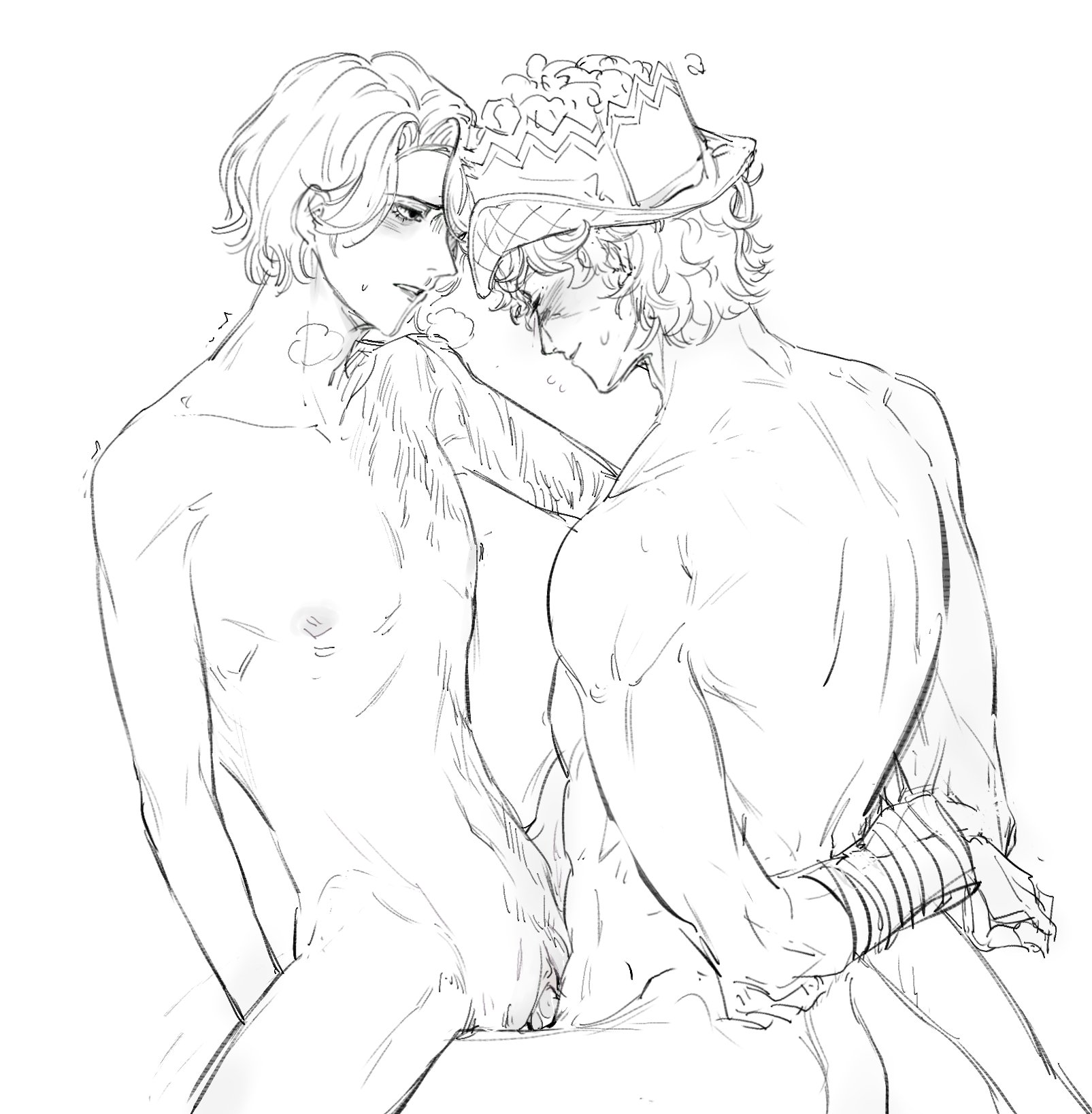 he image is a black and white sketch or drawing depicting two nude men in a close and intimate embrace. one man is wearing a hat with a unique design. the style is suggestive of yaoi or boys' love manga or anime. the drawing is done with lines and shading to suggest form and texture. the scene is sensual and intimate, portraying the affection between the two characters. the overall style is suggestive of a romantic or passionate relationship.