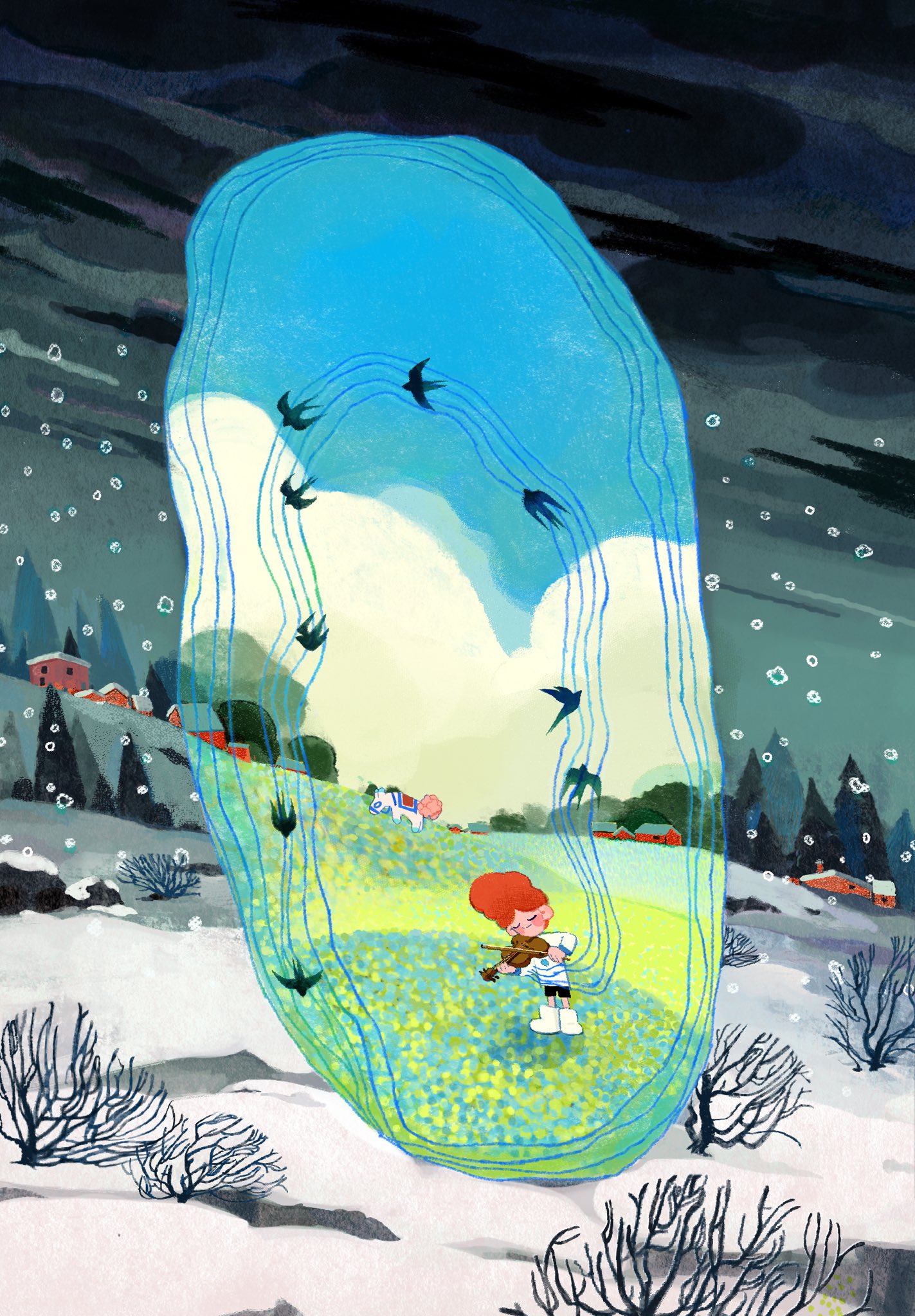 a whimsical illustration depicts a young girl in a snowy landscape. she stands within a transparent, ovalshaped portal filled with a vibrant springtime scene.  the portal shows a field of yellow flowers, a clear blue sky with circling birds, and a glimpse of a sunny village. the stark contrast between the cold winter surrounding the girl and the warm spring within the portal creates a sense of magic and wonder.
