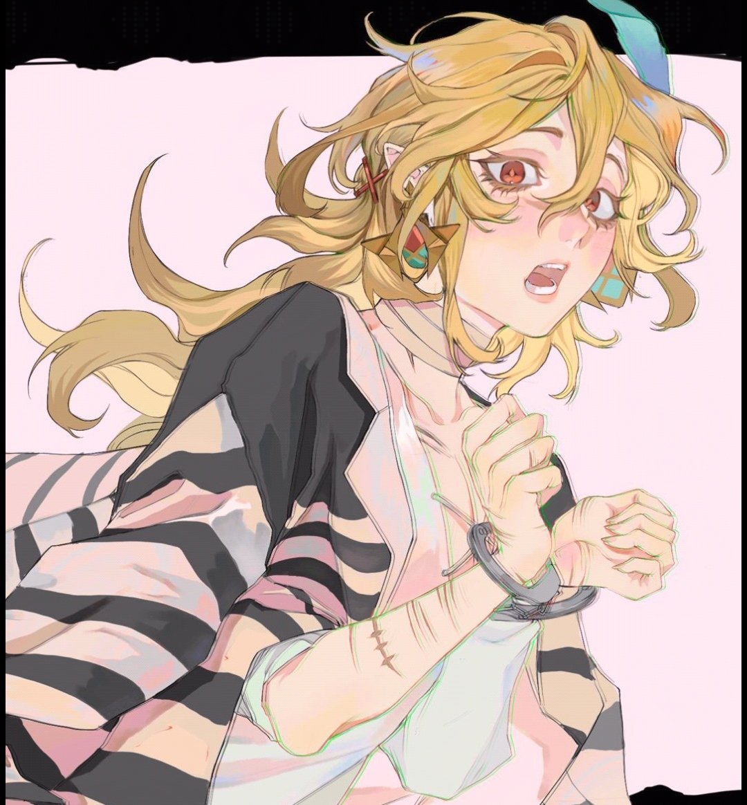 the image shows a young anime woman with long blonde hair, tied with a red headband, and a red eye. she's wearing a striped, pink shirt with a white collar, and a black jacket. the background is pink, and the woman is handcuffed. she has a worried expression and scars on her arm. she looks scared and hurt.
