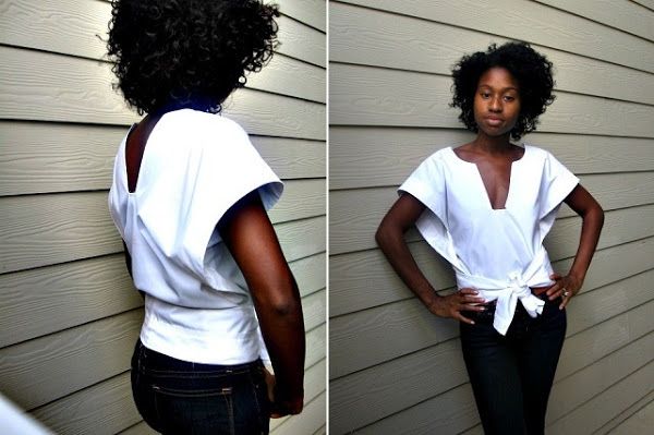 the image shows a woman wearing a white top with a tie waist and jeans. she is standing outdoors against a wall. the photo is a split image showing the front and back views of the woman and her outfit.