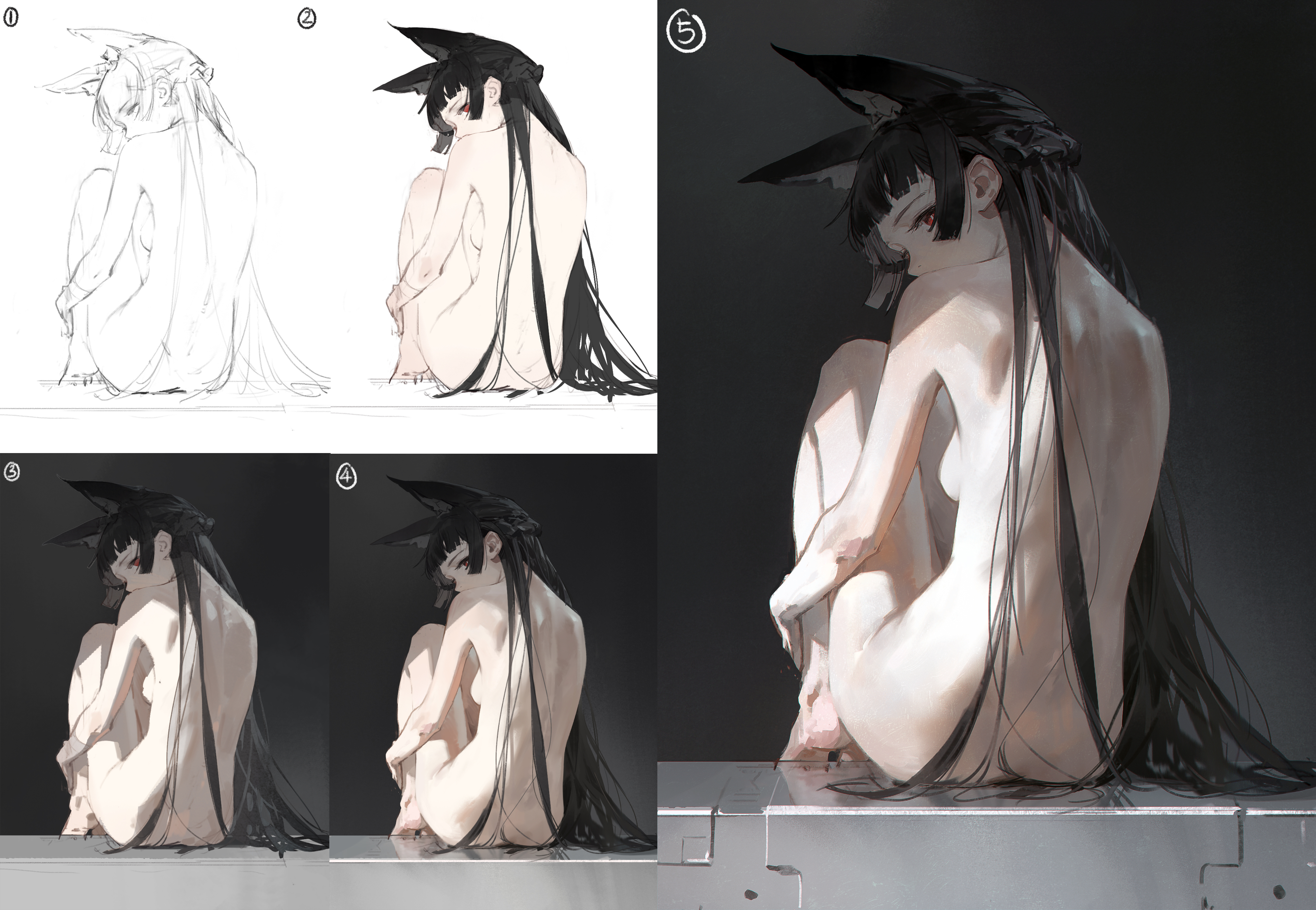 he image showcases a digital painting process, displayed in five stages. it depicts an animestyle girl with wolf ears and long black hair, sitting nude.  the first step is a light pencil sketch, followed by progressively more detailed stages that add shading, rendering of skin tones, and lighting to create a semirealistic effect.  the final image is a beautifully rendered piece with subtle light and shadow effects. the background transitions from white to dark grey, enhancing the focus on the figure. each stage is clearly numbered for easy understanding of the artistic process.