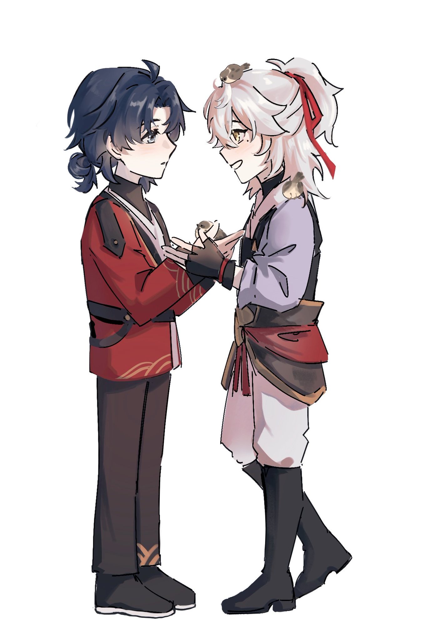 the image shows a drawing of two anime boys in traditional clothing, holding hands. the boy on the left is wearing a red and black outfit and has blue hair, while the boy on the right is wearing a white and purple outfit with a red sash and has white hair. they both have cute facial expressions and are smiling at each other. there are birds on the boy on the right's head and shoulder.  the overall style of the drawing is cute and romantic.