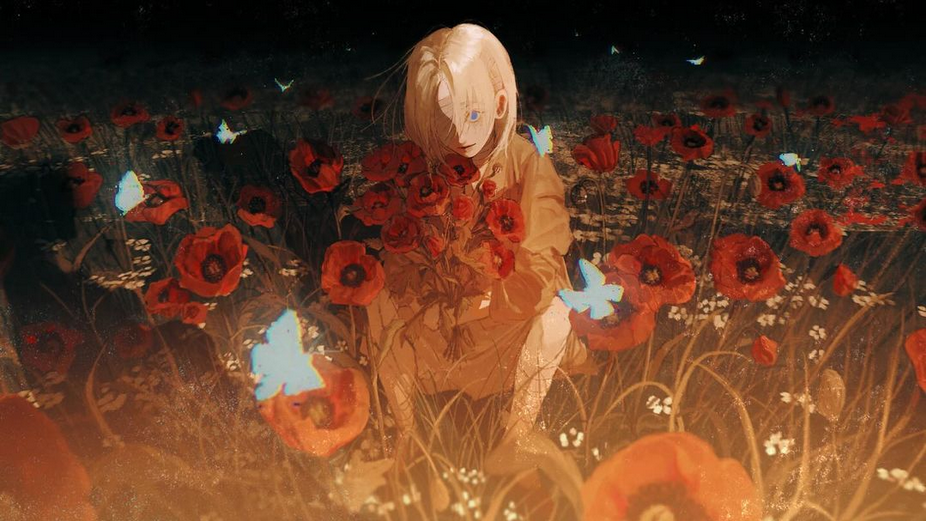 the image shows a young anime girl with blonde hair and blue eyes. she is sitting in a field of red flowers. the girl is wearing a brown dress. there are butterflies flying around the girl. the image has a fantasy aesthetic. the background is made up of red flowers and green leaves. the image is beautiful and serene.