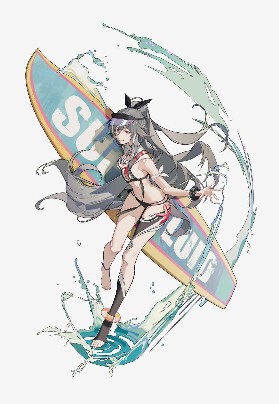 an anime girl in a swimsuit stands next to a surfboard with the word "surf" written on it. there are splashes of water around her and the surfboard. the girl has gray hair and is wearing a visor and sandals. the overall style is an illustration.