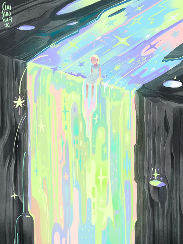 an illustration depicts a young girl sitting on the edge of a magical, pastelcolored waterfall in a dark cave. the waterfall appears to be made of light and stars, and the scene has a whimsical and surreal quality. the illustration is signed "cuihuahui".