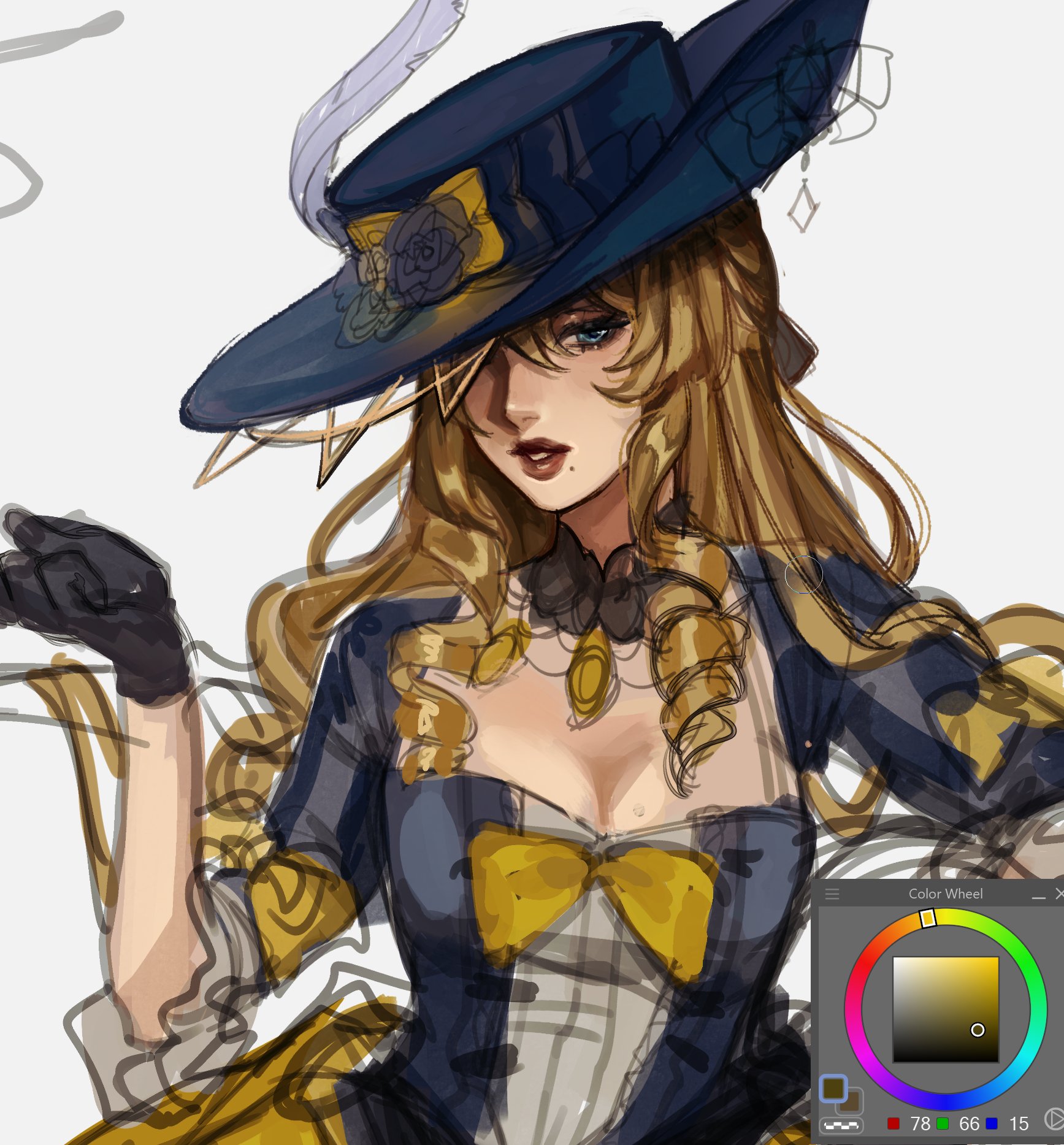 this is a digital illustration of an animestyle girl with long blonde hair, wearing a blue and yellow dress with a bow and a large blue hat with a feather. the artwork is in a sketchy style and is unfinished.