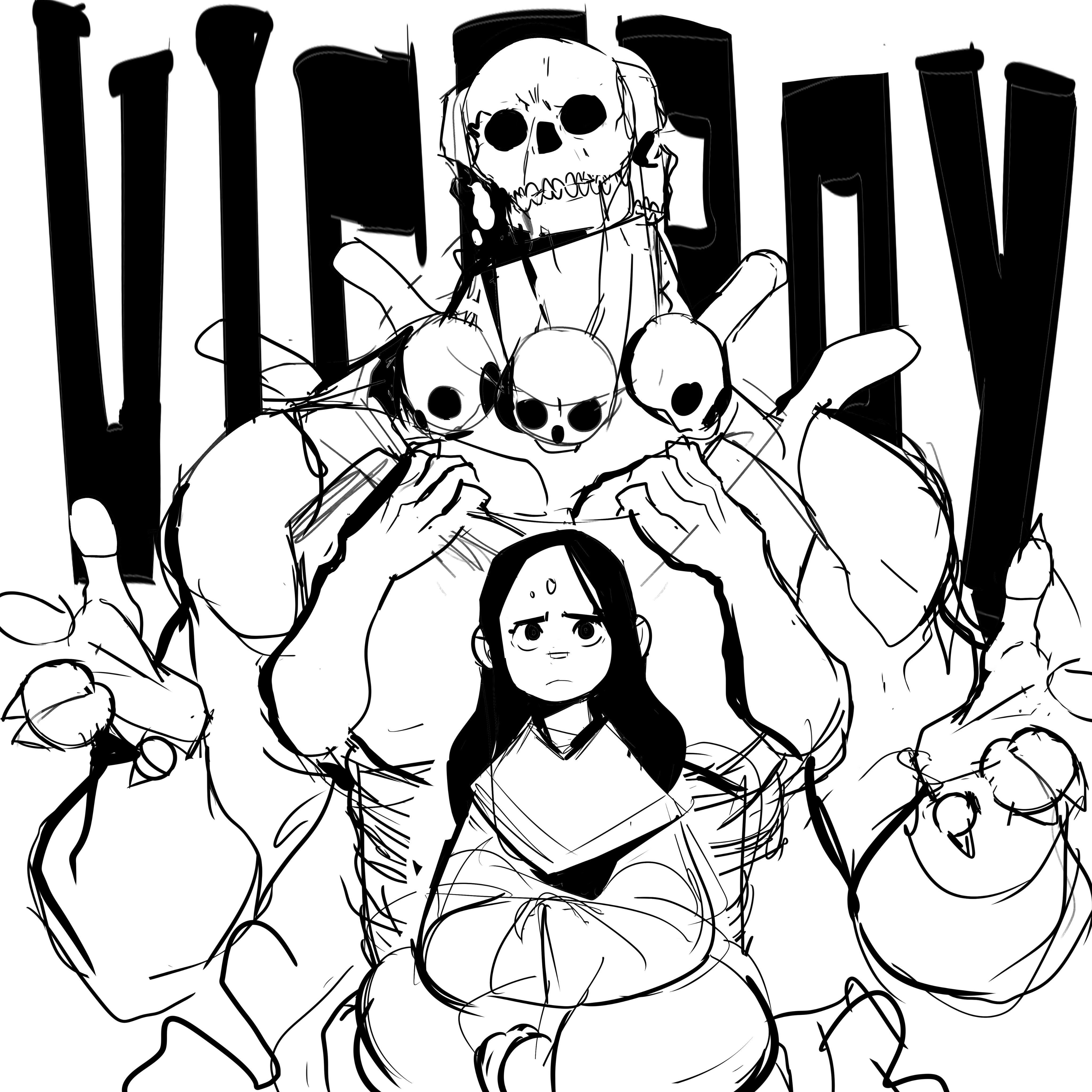 a black and white cartoon illustration of a girl with a skullfaced monster behind her.  the monster has many skulls on its head and is looking at the girl, who appears frightened.  the word "videboy" is in the background, written with a thick black marker.  the illustration looks like a scene from a comic book.  it is drawn in a sketchy style, with thick outlines and minimal detail.  the characters are drawn with exaggerated features.  the illustration has a dark and menacing feel.