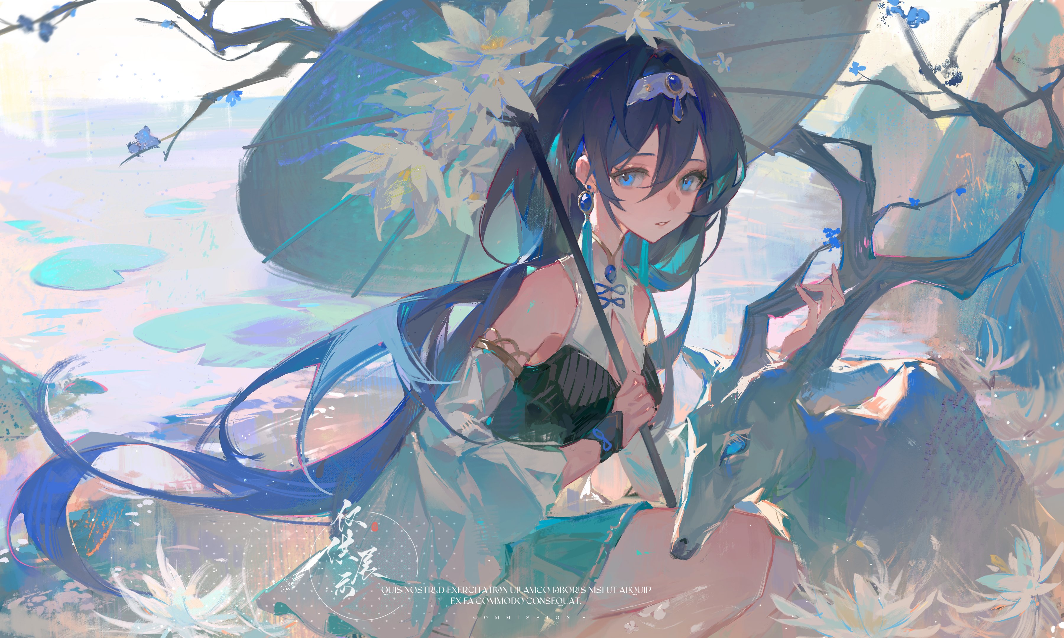 the image features a young woman with long, flowing black hair and piercing blue eyes. she is adorned in an elegant, chineseinspired outfit in shades of blue, white, and green, and wears a decorative hairpiece. she sits gracefully beneath a stylized umbrella adorned with white water lilies, holding the antler of a pale, almost ethereal deer. the scene is set on the edge of a serene pond, with water lilies dotting the surface and a backdrop of soft greens and blues suggestive of a forest. the lighting is soft and diffused, lending an ethereal and mystical quality to the overall composition.