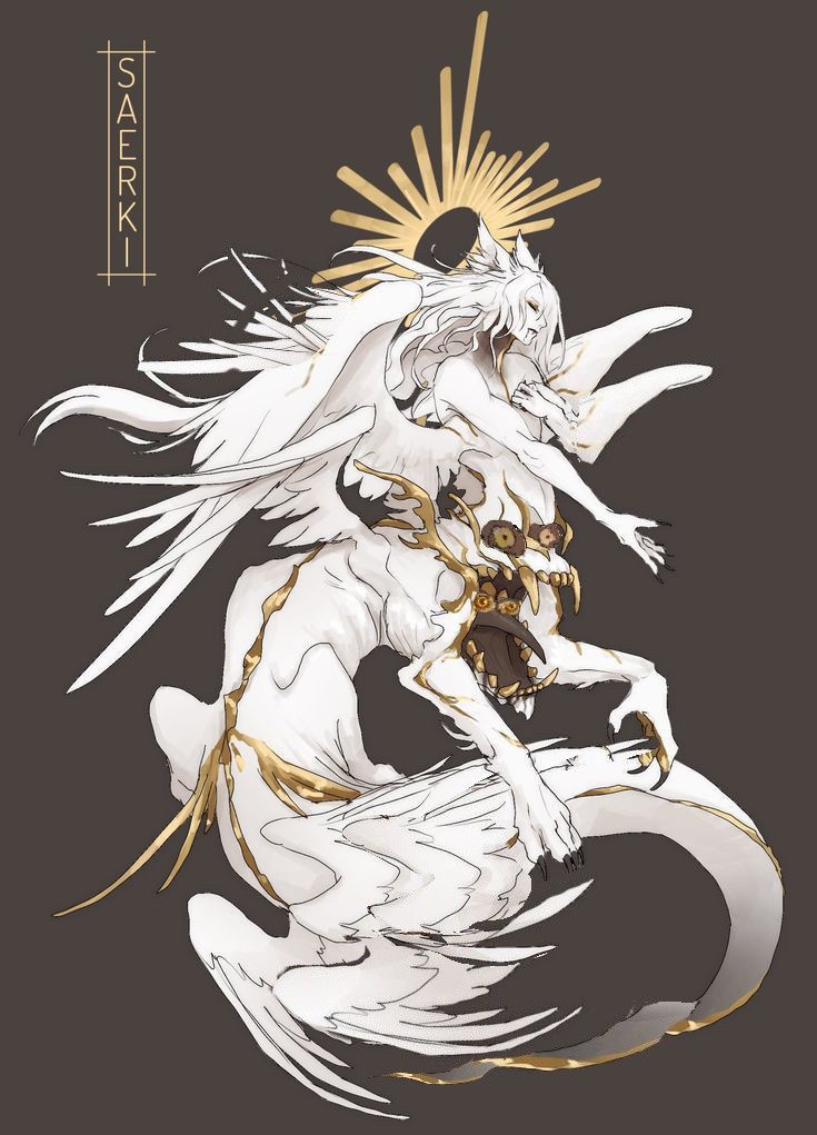 an illustration featuring a white, serpentine monster with multiple eyes and golden accents. a humanoid figure with wings is positioned on top of the monster, with a sunburst halo behind its head. the background is dark gray, and the text "saerki" is vertically oriented on the left side of the image.