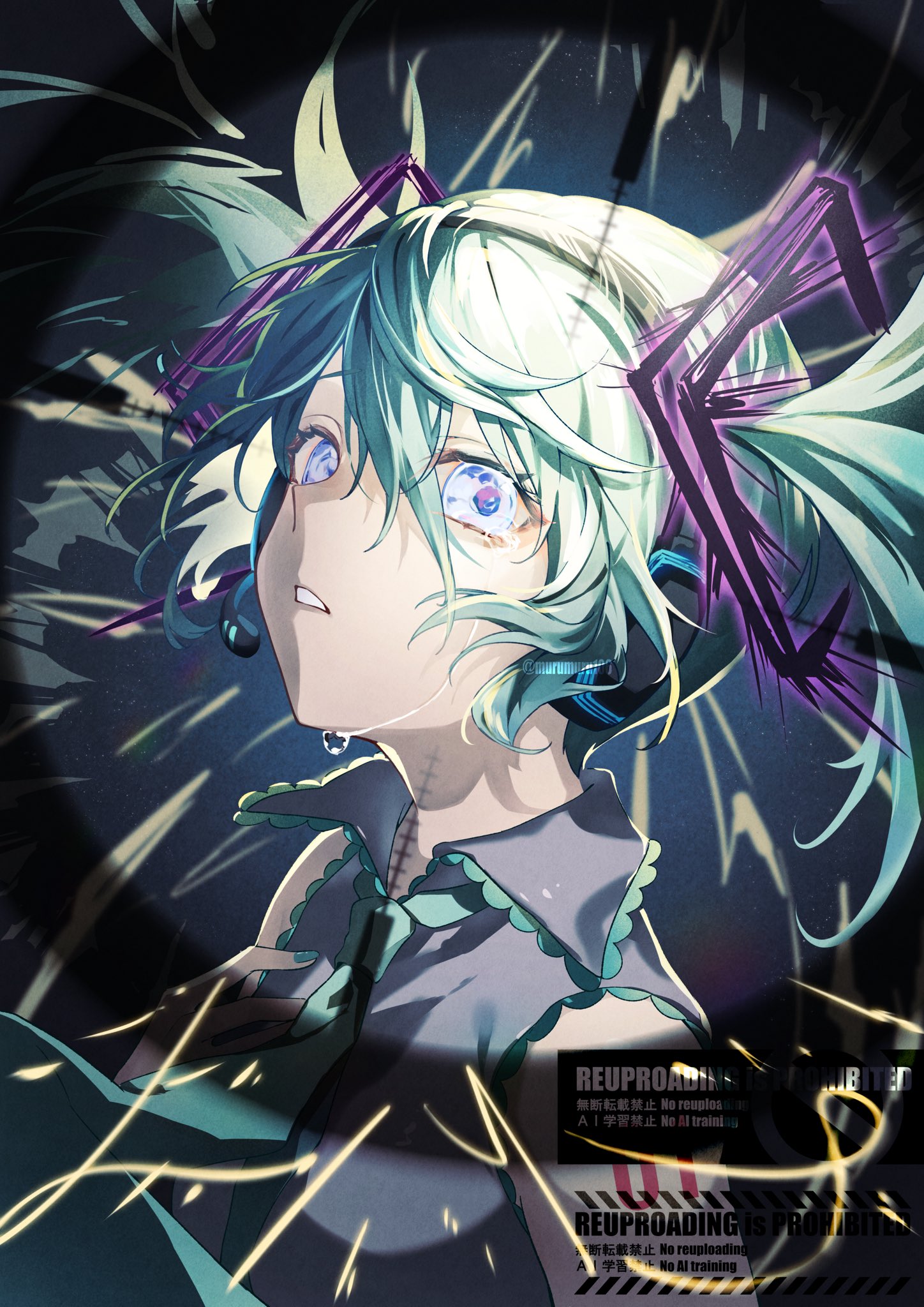 the image is a stylized digital drawing or painting of hatsune miku, a popular vocaloid character.  she is depicted with her signature teal twintails, but the style is dark and dramatic.  her eyes are wide and tearful, and her expression is one of distress.  her hair and clothing are partially obscured by a stylized glitch effect featuring streaks of light and dark energy.  there is noticeable damage in her image, indicating distress or violence.  a prominent warning in both english and japanese text across her arm clearly states that reuploading is prohibited. the overall aesthetic blends anime with cyberpunk elements, creating a visually striking and emotional piece.