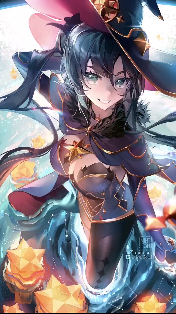 the image is a colorful illustration of a beautiful anime girl with long black hair, wearing a dark blue and purple dress and a pointy hat. she has bright blue eyes and a soft smile. there are also yellow stars and light beams around her, creating a magical effect.