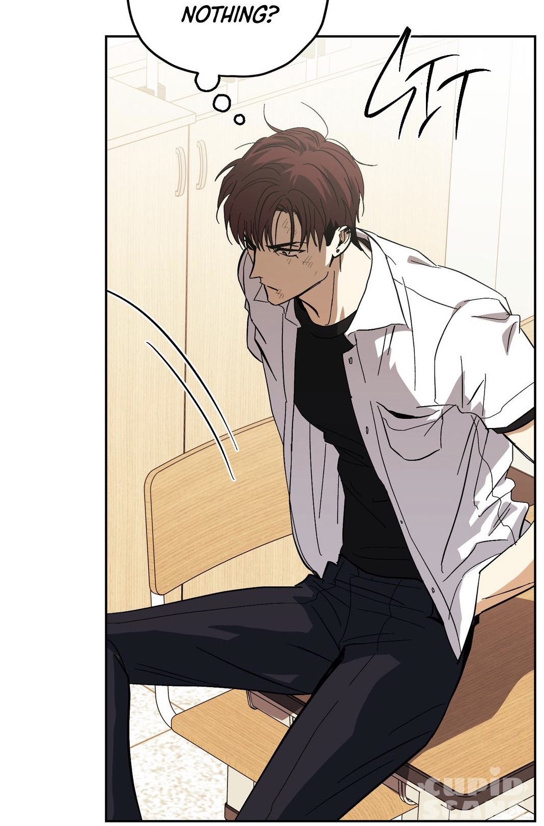 the image is a panel from a manhwa (korean comic) or webtoon.  it depicts a young, male character with brown hair, wearing a partially unbuttoned white shirt over a black shirt and dark pants. he's sitting in a wooden chair, which appears to be in a classroom setting. a thought bubble above his head contains the word "nothing?".  his expression is somewhat worried or pensive. the style is typical of modern manhwa/webtoon art. the background is simple, focusing on the character and his expression. there's a slight sketchlike quality to some lines in the background.