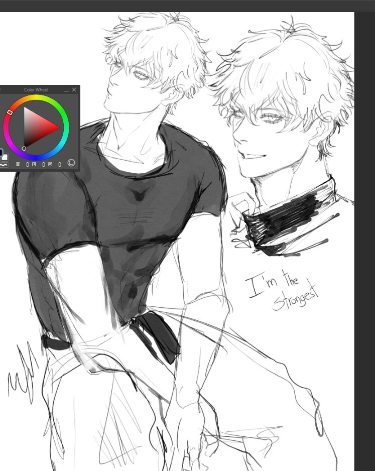 the image shows a black and white sketch of two anime boys. the boy on the left is wearing a shirt and pants. he is standing with his hands by his side. the boy on the right is wearing a collar and shirt. he is standing with his arms crossed. the two boys are drawn in a manga style and appear to be happy and confident. the boy on the left has a text overlay on his image that says "i'm the strongest." there is a digital art color wheel overlay on the image.