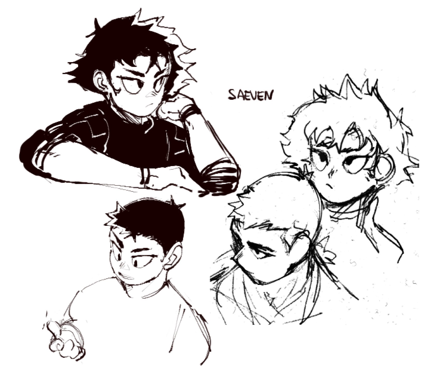 a black and white line drawing of four anime characters. there are two boys in the foreground, one with a long, dark, messy hairstyle and the other with short, neat dark hair. the boys appear to be leaning in toward each other and have their arms around each other. in the background, there is a boy with short, spiky hair and another with a long, messy hairstyle. the four characters are all smiling and laughing, giving the impression that they are good friends.