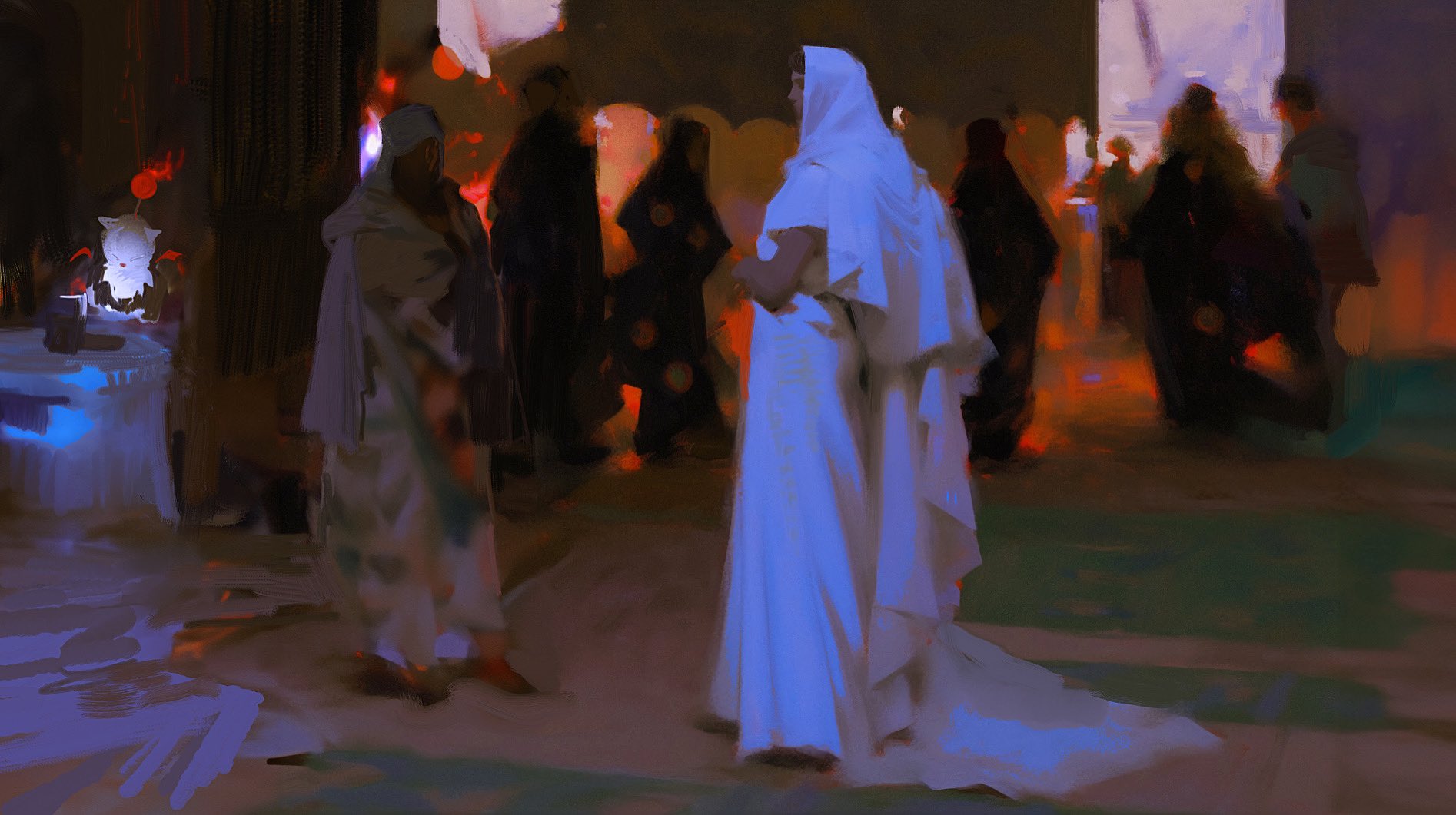 a digital painting of a group of people standing indoors at night. the figures are mostly shrouded in shadow, but the light from a window illuminates the front of the building. the woman in the center wearing a white robe stands out, her form clear against the dark background.