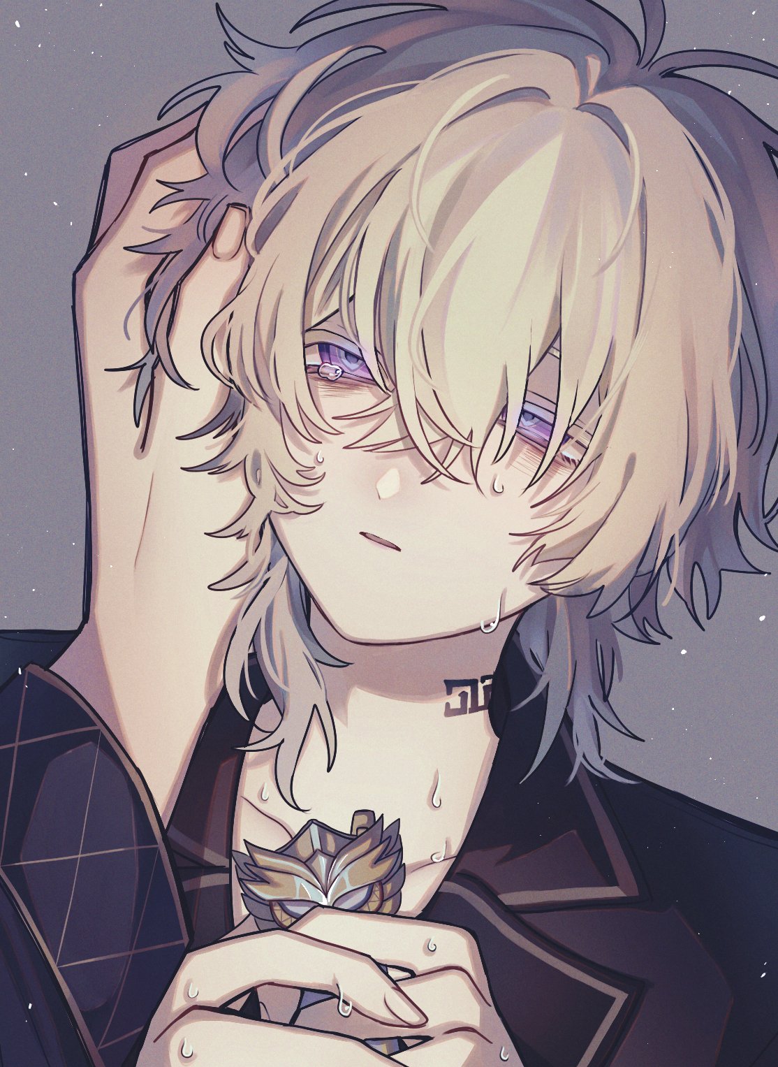 the image is a digital drawing or fanart depicting a young animestyle boy with long, blonde hair styled in a somewhat messy, fashionable way. his eyes are a striking purple, and he's visibly upset, with tears streaming down his face. he's clutching a decorative pendant or amulet in his hands, and his expression is one of sadness or grief.  the art style is detailed, emphasizing the character's emotions and features.  the background is a muted greyishpurple, drawing focus to the character. the overall mood is melancholic and emotional.