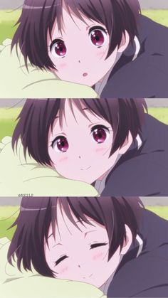the image features three closeup illustrations of a young anime girl with short, dark brown hair and large, expressive reddishpink eyes. she is depicted with a soft, gentle smile and rosy cheeks, conveying a sense of innocence and warmth. the girl is wearing a darkcolored outfit, possibly a school uniform. the soft lighting and closeup perspective enhance the overall cuteness and charm of the character.