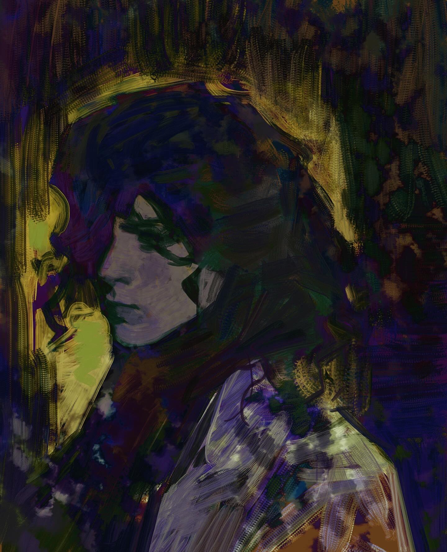 this painting depicts a woman's face, the artist used thick brushstrokes to capture the depth of the woman's emotions. the use of color and shadows creates a sense of mystery and intrigue. the image is a powerful and expressive piece of art that evokes a range of emotions.